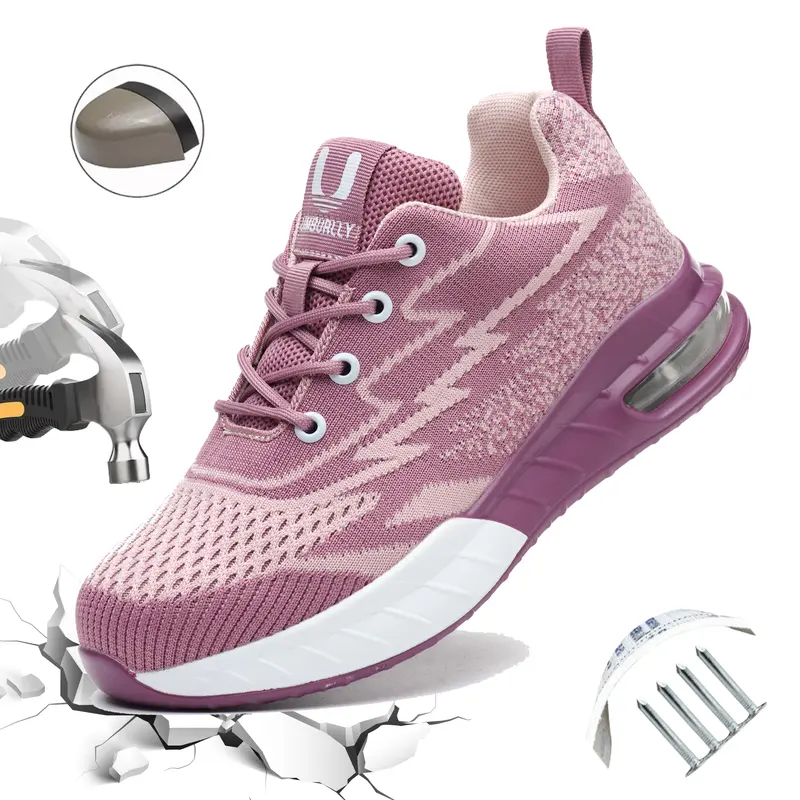 UMBURLLY Women's Pink Mesh Lace-Up Round Toe Work Boots, European Standard Wide Fit, Impact-Rated Steel-Toe Cap, Anti-Smash, Anti-Penetration Kevlar, Lightweight, Breathable, Fashionable, for Outdoor Construction, All-Seasons Fabric Work & Safety Footwear