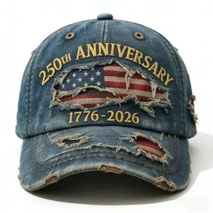 1776-2026 250th Anniversary Polyester Distressed Denim Baseball Cap - Vintage Washed Relaxed Fit, American Flag Embroidery, Casual Outdoor Cap for Spring & Summer (Ideal for History Enthusiasts),summervibes;Independence Day