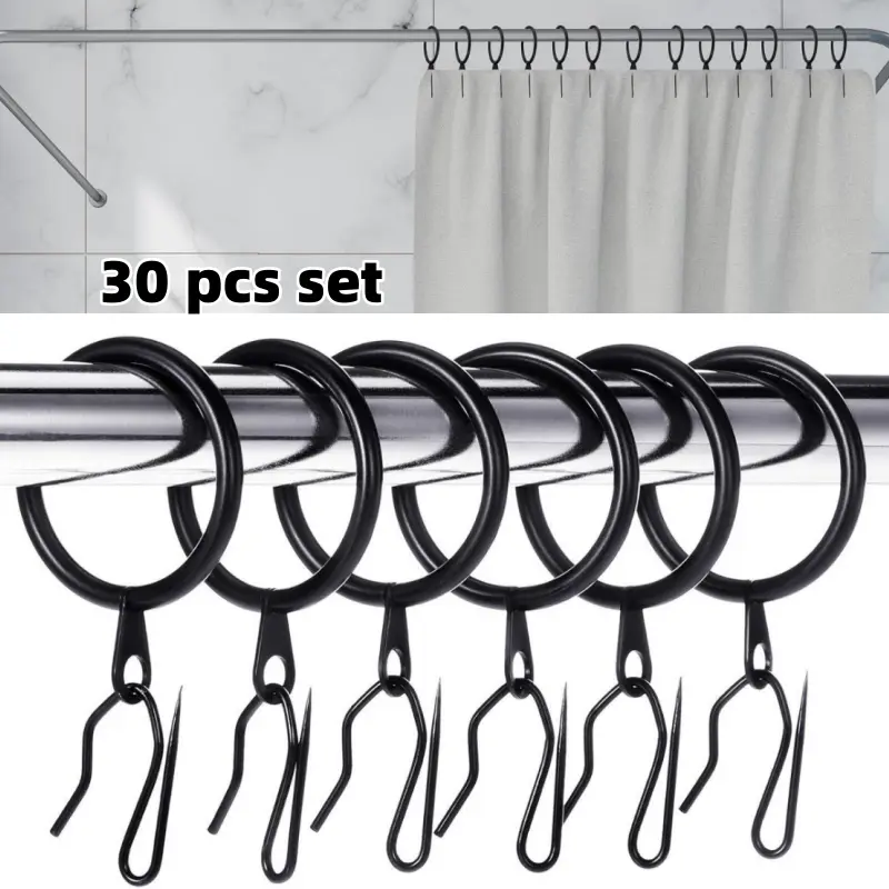 Black 32mm Solid Steel Drapery Rings & Bathroom Curtain Hooks Set - 30 Rings, 30 Hanging Pin Hooks, 25x16mm Size, Firm & Secure Hold for Home Styles Windows, Showers, 25 X 16 Mm