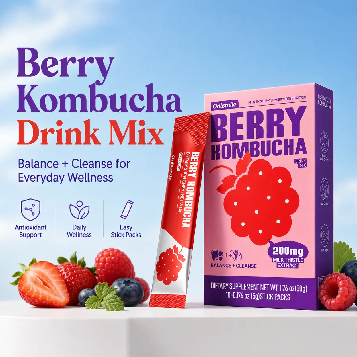 Onismile Berry Kombucha Variety Pack Powdered Drink Mix Stick Packets, 200mg Milk Thistle Extract, Zero Sugar Low Calorie Berry Fruit Water Enhancer Water Flavor Packets for Stay Up Late Natural Portable On-the-Go Stick Single Servings 10 Packets