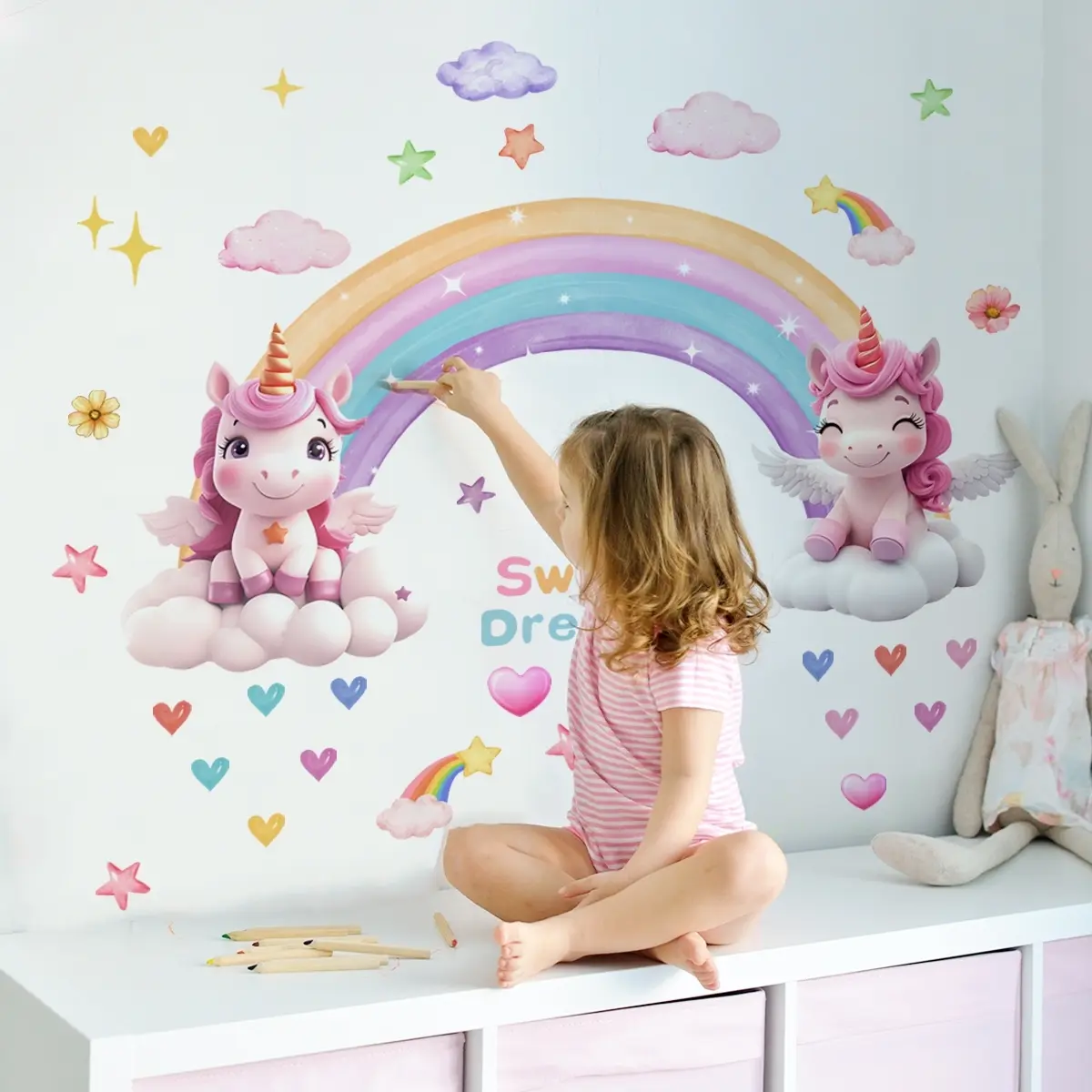Rainbow Cloud Unicorn Wall Decals Set, 2 Sheets (30x90cm), Home Decor for Living Room & Bedroom, Decorative Stickers, Decoration Items, Easy-Remove Wallpaper Stickers, Wall Stickers Decorations