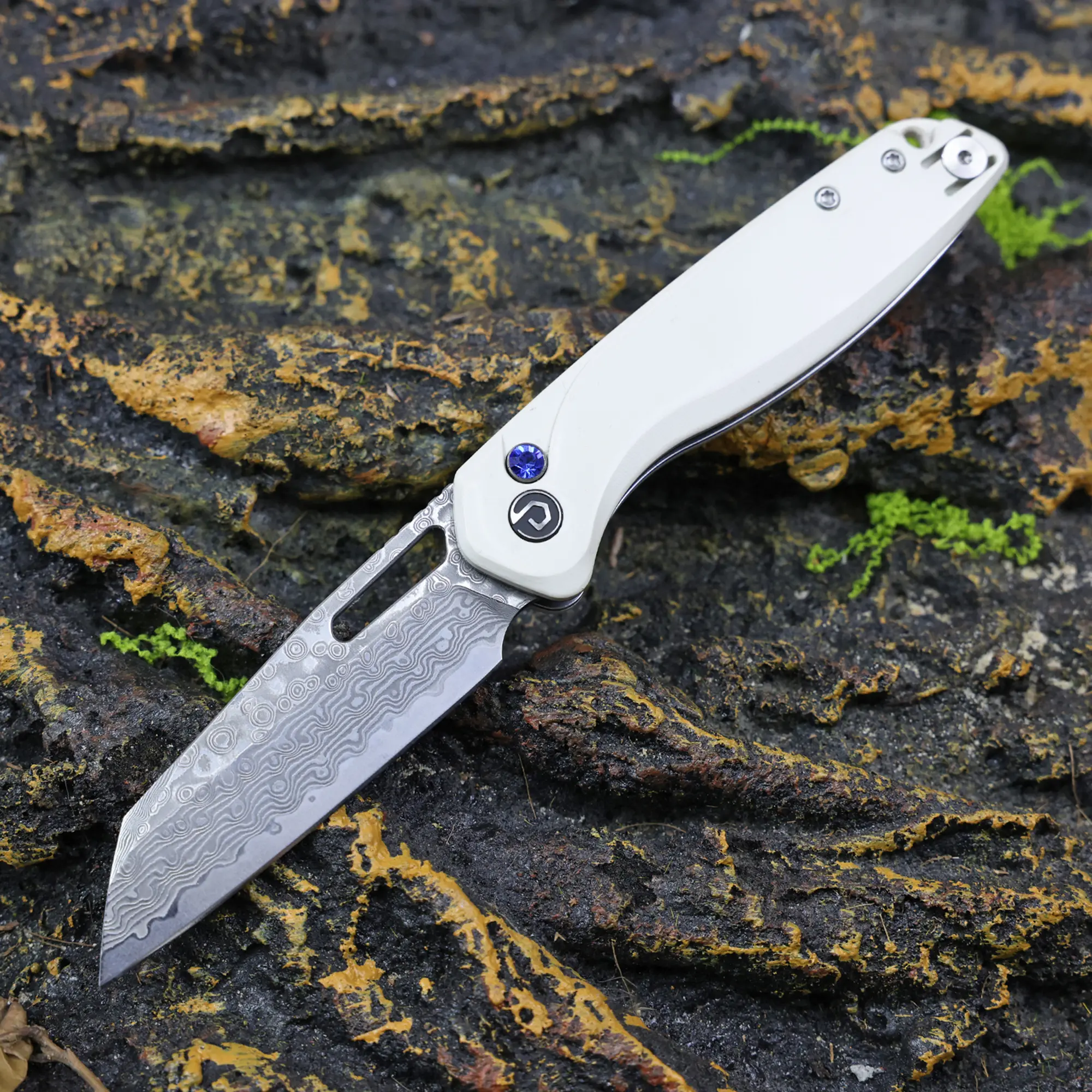 DEFCON Knives Warhawk SP Folding Knife, 3" Damascus Steel Sheepfoot Blade, White PEEK Handle, Ambidextrous Button Lock EDC Survival Tool for Bushcraft & Camping, Durable Outdoor Tool, Outdoor Practical Tool