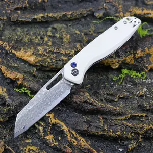 DEFCON Knives TD020WT SP Button Lock Pocket Knife with Damascus Steel and PEEK Handle