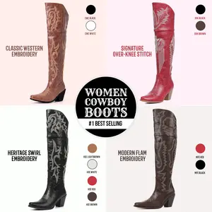 CELNEPHO Women Cowboy Boots Pointed Toe Classic Embroidered Chunky Block Heel Side Zipper Closure Over the Knee Western Boots Spring Party Cowboy Festival Dress Shoes