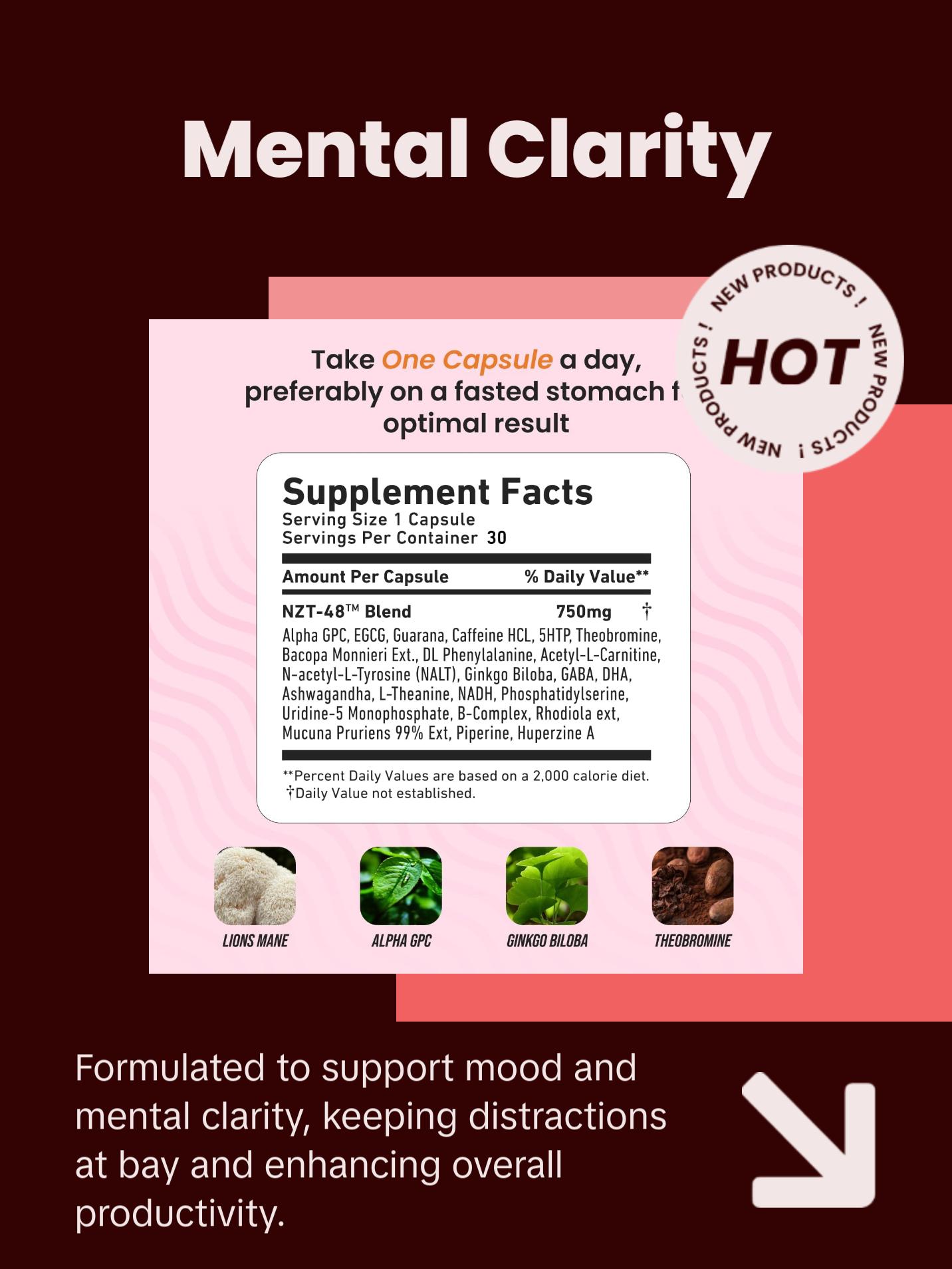 NZT-48 for Her: Lion's Mane Ultimate Brain Booster by Limitless -  Ashwagandha Supplement for Mindfulness, Focus, and Zen Energy (30 Capsules) 