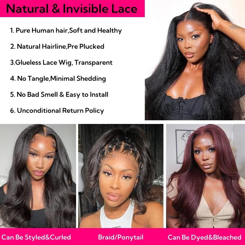 Kinky Straight 360 HD Full Lace Wigs Glueless Wig Human Hair Brazilian Yaki Straight 13x6 HD Lace Frontal Wig Preplucked 220% High Density