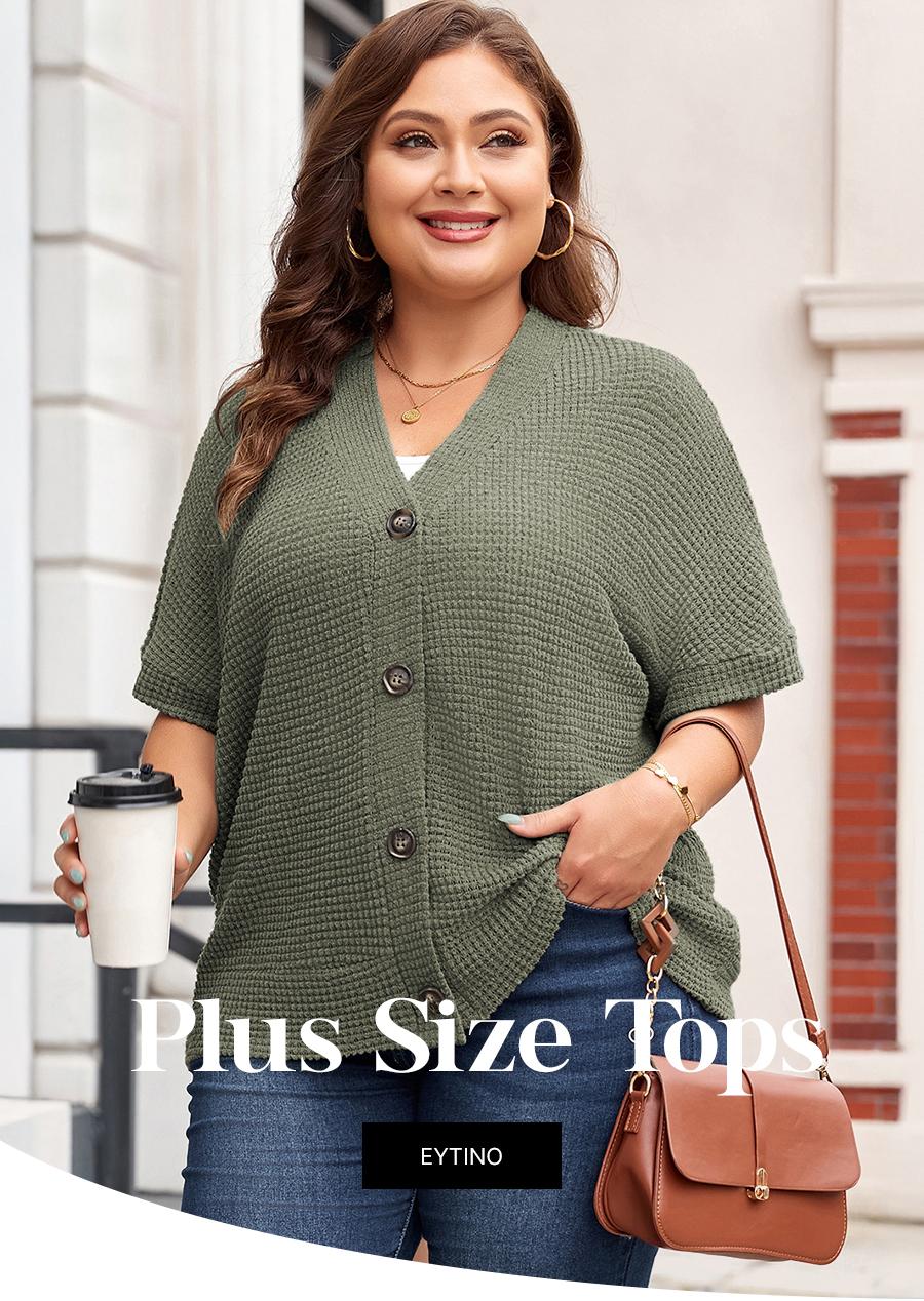 Eytino Womens Plus Size Tops Casual V Neck Short Sleeve Waffle Knit Button Down Shirts(1X-5X)