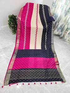 Royal Fuchsia & Midnight Navy Shaded Chinon Chiffon Checkered Saree with Blouse Piece