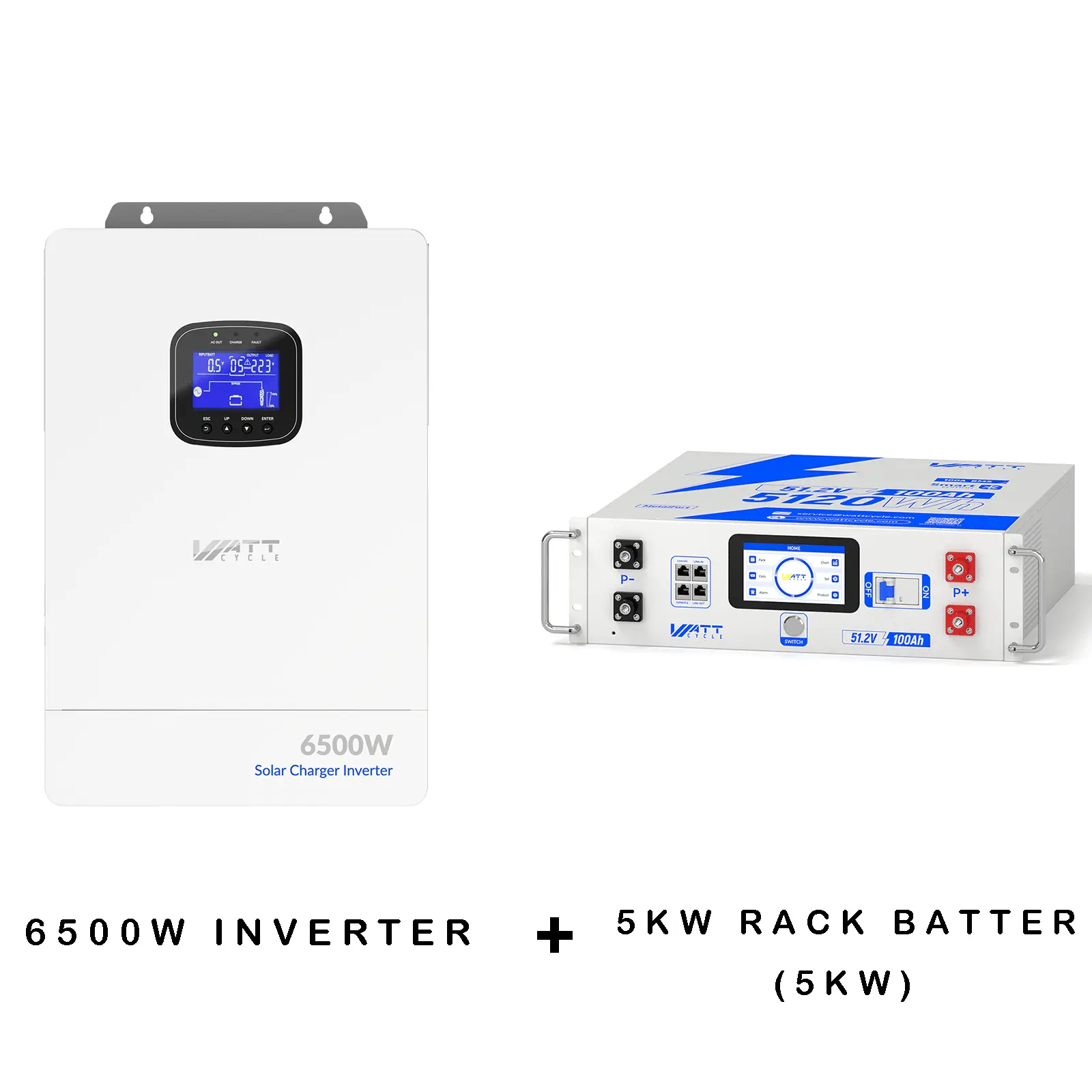 【6.5kW Inverter + Server Rack Battery】 WattCycle 48V 100Ah Server Rack Bluetooth LiFePO₄ Battery – Active Balancing | LCD | Smart Comms + WattCycle 6500W 48V All-in-One Solar Inverter Charger with 9000W Dual MPPT | Home Energy Storage System