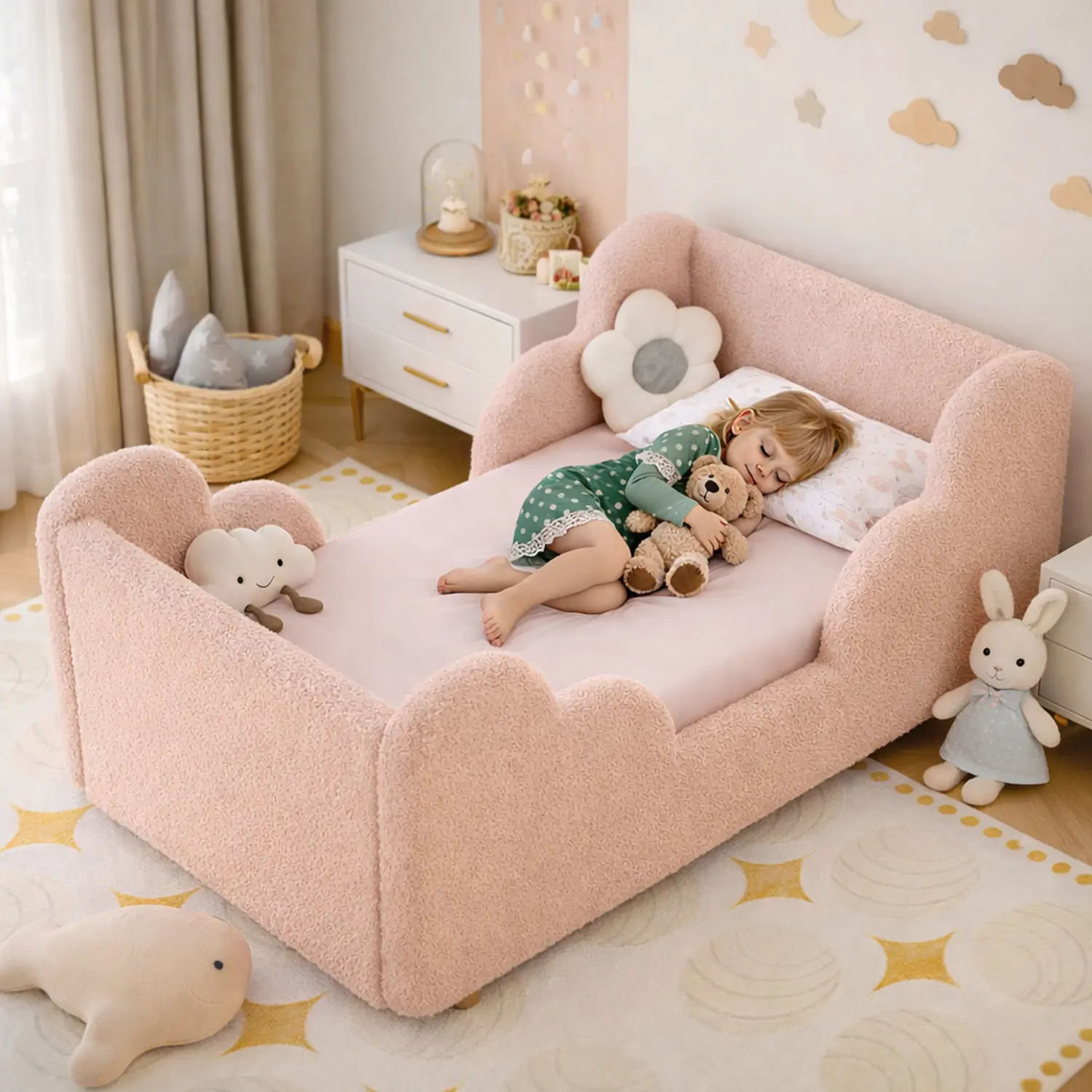 Toddler Bed, Toddler Floor Bed Frame with Rails & Headboard, Standard Crib Size Kids Beds for Ages 3-7 Years Girls and Boys, Montessori Floor Beds(No Mattress) tiktokshopbacktoschool