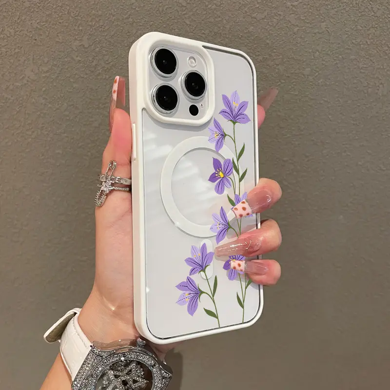 Magnetic TPU Phone Case for iPhone Series (17, 16 E Pro Max, 15 Plus, 14, 13, 12, 11, XS, XR) - Purple Floral Branch Aesthetic Print, Shockproof, Silicone, Lightweight, Scratch-Resistant iOS Accessories, Multi-Model