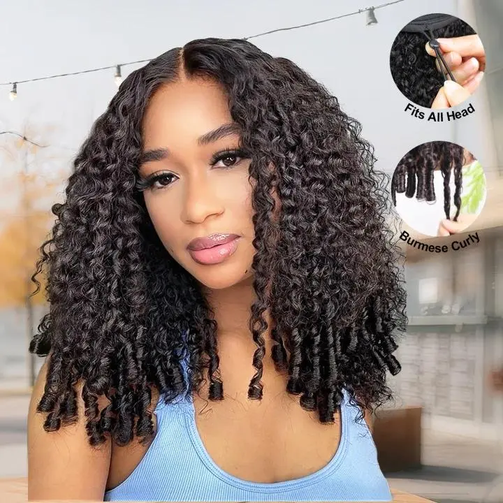Simidola Burmese Curly Half Headband Wig - Glueless Human Hair Piece with Drawstring Cap, Invisible Hairline, 180% Density, Natural Black Bouncy Curls, Beginner-Friendly for Summer Use, Curly Hair, Wigs Human Hair