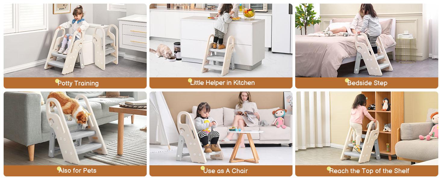 Dripex Foldable 3-Step Stool with Handles, Adjustable Toddler Step Stool for Bathroom Sink, Potty Training & Kitchen Helper Plastic Ladder for Kids