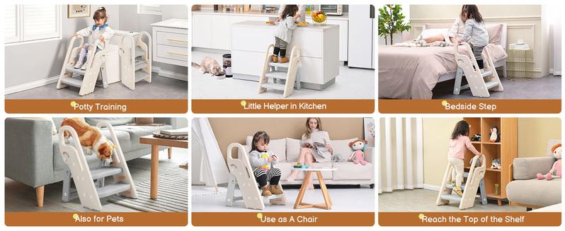 Dripex Foldable 3-Step Stool with Handles, Adjustable Toddler Step Stool for Bathroom Sink, Potty Training & Kitchen Helper Plastic Ladder for Kids