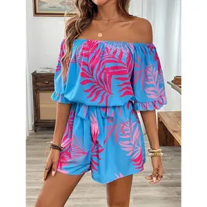 Women's Elegant Open Shoulder Tropical Print Ruffled One-Piece Romper - Lightweight Non-Stretch Fabric, Adjustable Waist Tie, Beach & Casual Wear for Spring/Summer, Beach Wear Romper       Fitted Minimalist Lace Womenswear