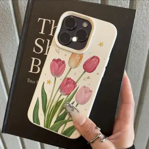 White TPU phone case with pink tulip pattern and lychee texture. New design. Stylish phone accessory. Creative design. Fashionable protective case. Perfect as a birthday gift for music lovers. for iPhone 17 Pro Max Phone Case 17 Air 16E 16 15 Plus 14 13 1