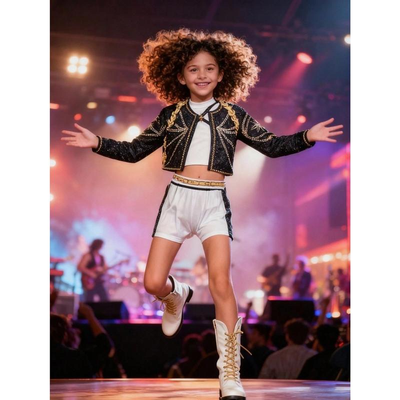 Girls K-POP Demon Huntre Huntrix Rumi Mira Role Play Costume Set Girls 3pcs Short Sleeve Crop Top Skirt Halloween Party Dress Up Clothes Birthday gift for Kids Comfortable Polyester Fabric Superstar Outfit