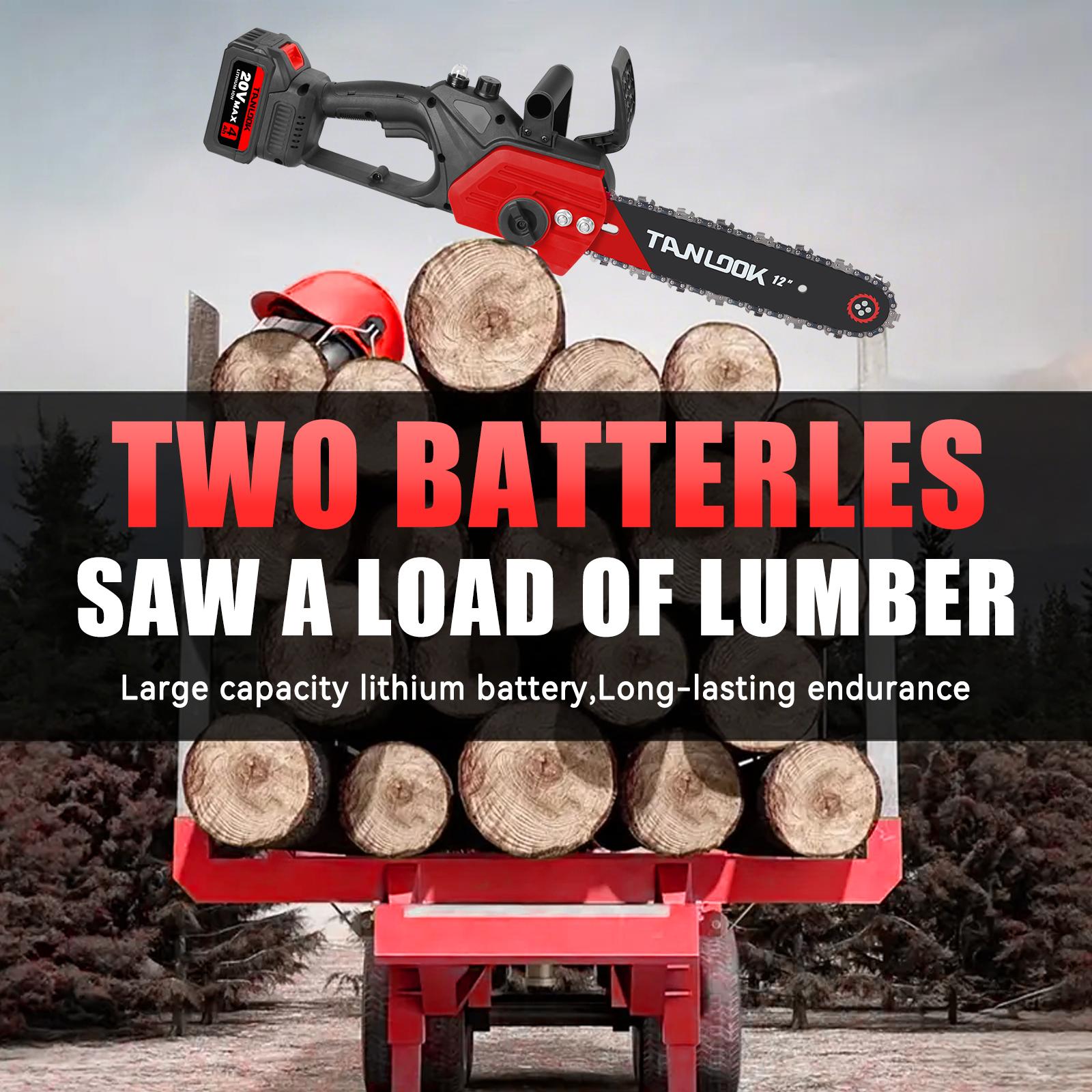 TANLOOK 12 Inch Brushless Electric Chainsaw Saw Logging Saw Pruning Woodworking Garden Power Tool 20V 2*4.0Ah Batteries Cutting Heavy Duty Portable Handle STU4