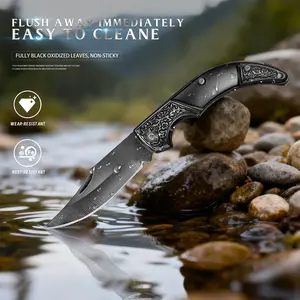 Compact, sharp kitchen fruit knife; steak knife; barbecue knife; finely crafted retro engraved design; solid construction with rivet detailing for durability; keychain loop at the end of the handle; suitable for home kitchens, outdoor barbecues, and an es