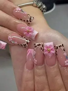 10pcs -Y2K Style Leopard Print Pink Flower Press On Nails, Pink Flower Gold Bead Square Nails  Leopard Print Design, Nude Pink Gradient, Sparkling Diamond Embellishment Fake Nails - Essential Nail Art For Autumn And Winter, Suitable For Daily, Party
