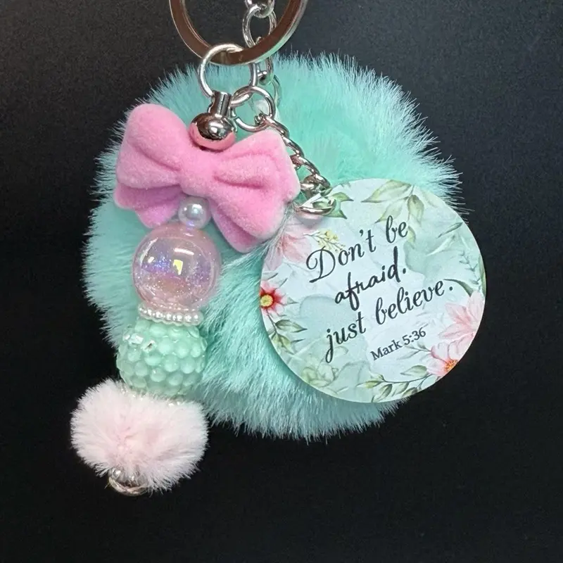 Handmade Religious Colorful Beaded Keychain for Women with Round Bible Verse Charm, Tassel & Pom-Pom for Purses, Backpacks, Bible Verses