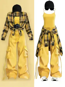 Women Streetwear 3 Pieces Sets Y2k Outfits Loose Casual Vintage Plaid Long Sleeve Sunscreen Shirts+Sling Basic Vest+High Waist Wide Leg Drawstring Cargo Pants Set Harajuku Fashion Women Casual Clothing