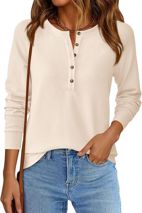 PrettyGarden Women's Button Up Waffle Top Long Sleeve Knit Shirts Fall Casual Henley V Neck Tunic Tops Loose Fit Basic Tees
