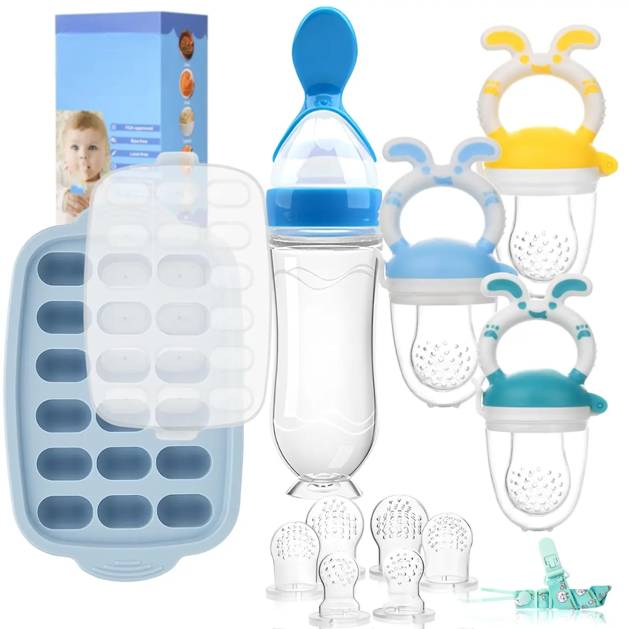 Bunny Design Food Grade Silicone Baby Fruit Feeder & Teether for Boys and Girls 3-12 Months, Convenient Use Spill-free Feeding Utensil with Freezer Tray, PVC-free