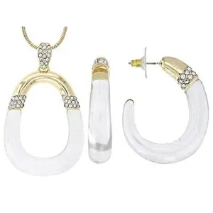 Clear Lucite With White Crystal Gold Tone Necklace & Earring Set