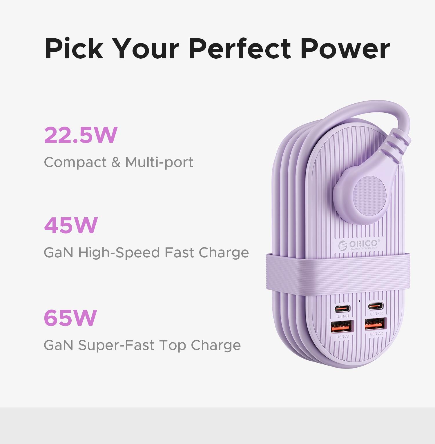 ORICO Upgraded 7-in-1 Travel Power Strip,2 Outlets & 4 USB Ports (2TYPE-C+2USB-A), 65W Fast Charging, Compact for Cruise, Hotel, Dorm, and Travel Essentials- TK