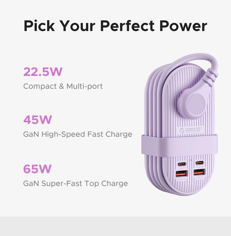ORICO Upgraded 7-in-1 Travel Power Strip,2 Outlets & 4 USB Ports (2TYPE-C+2USB-A), 65W Fast Charging, Compact for Cruise, Hotel, Dorm, and Travel Essentials- TK