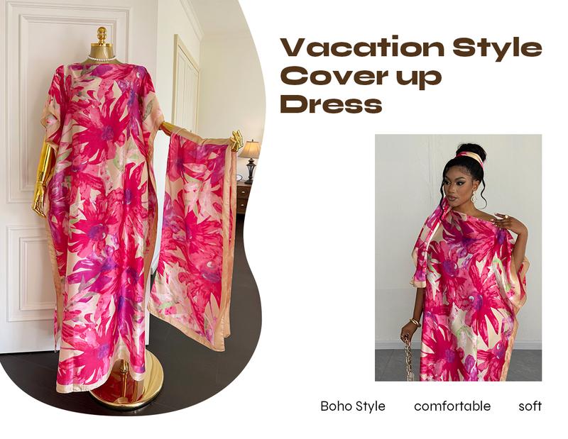 Dress+1 Scarf,Women's Fashion Print Long Robe Set, Moomoo Dress + Scarf Headband, Casual Woven Fabric, Thin All-Season Wear, Beach Sun Protection Dress+1 Scarf,Women's Fashion Print Long Robe Set, Moomoo Dress + Scarf Headband, Casual Woven Fabric, Thin All-Season Wear, Beach Sun Protection