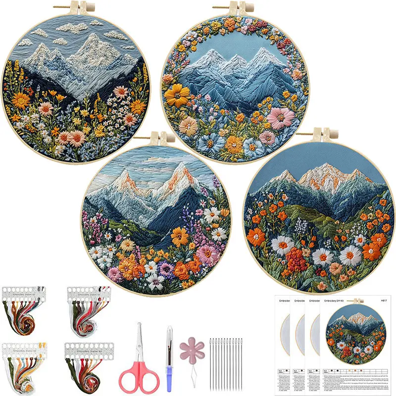 Beginner DIY Embroidery Craft Kit - 4 Pre-Printed Mountain & Floral Patterns, Hoops, Colored Thread Tools, Tapestry Needle Supplies, Embroidery Flower Set, Craft Kits, Cross Stitch Embroidery