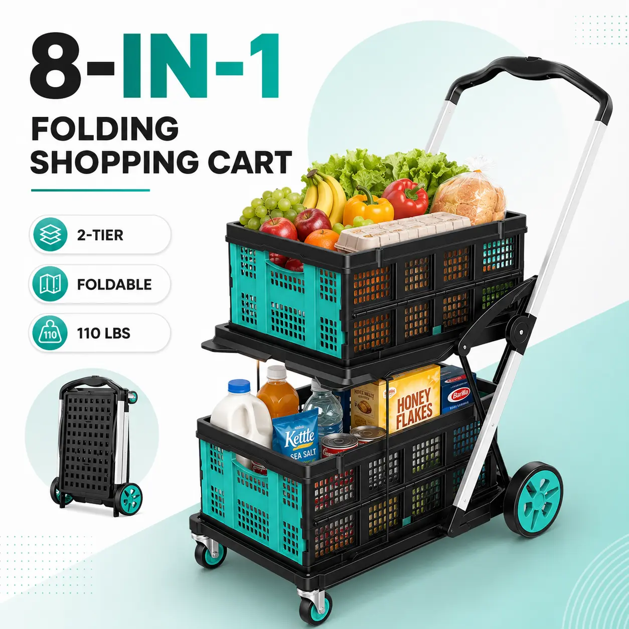 Premium Foldable Plastic Shopping Cart with Wheels, Elegant Lightweight Rolling Utility Basket for Groceries, Laundry, Travel, Camping and Home Storage, Space-Saving Portable Pull Cart