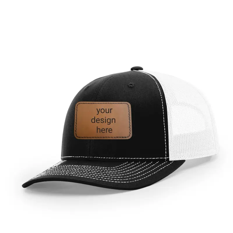 Richardson 112 Snapback Hat with Custom Leather Patch - Black & White Trucker Cap for Personalized Style