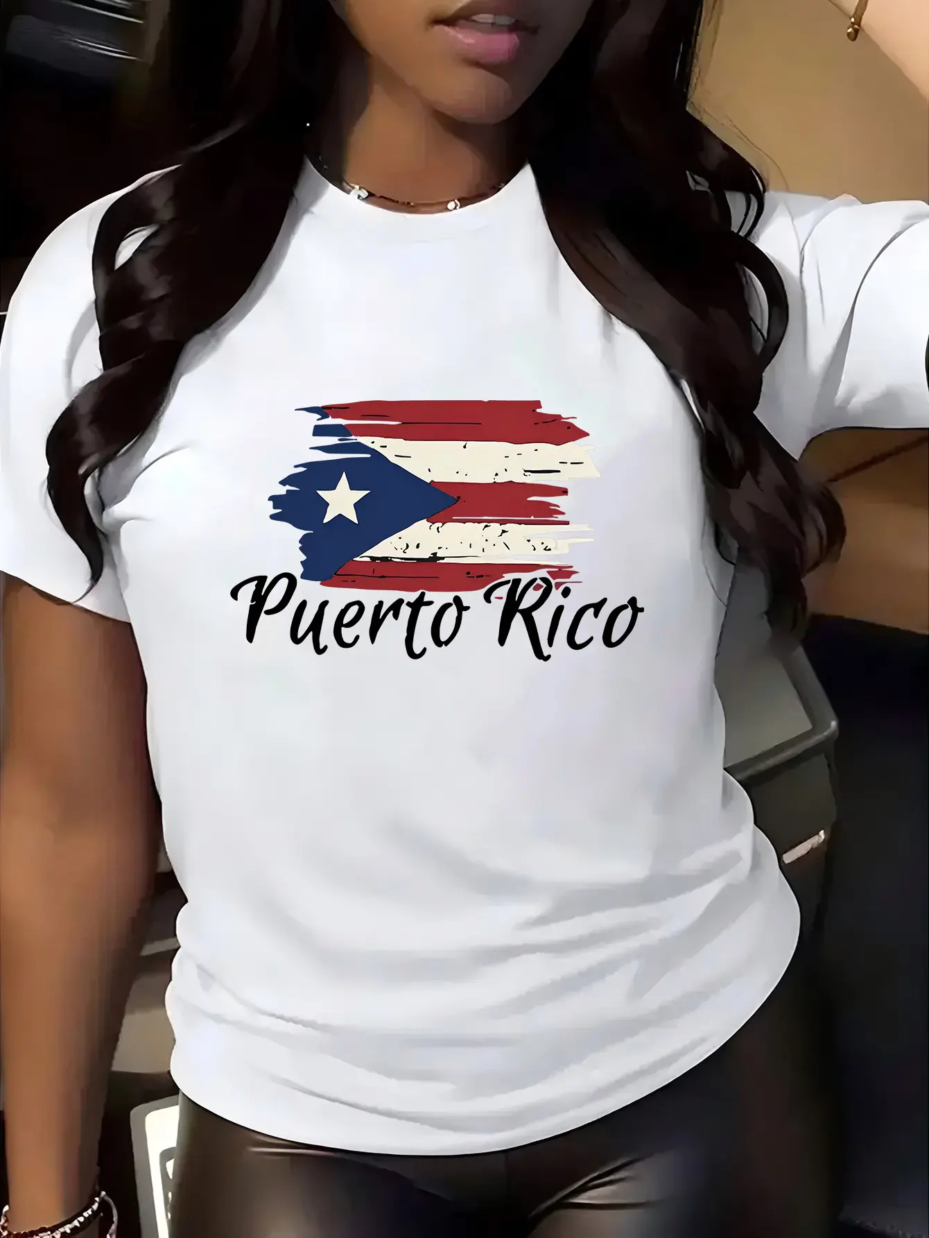 1pc Women'S Patriotic Puerto Rico Flag Printing T-Shirt- Casual Red Round Neck Short Sleeve Tops, Lightweight Polyester Fiber, Machine Washable, Ideal for Spring and Summer
