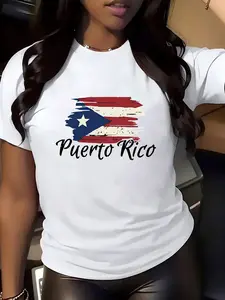 1pc Women'S Patriotic Puerto Rico Flag Printing T-Shirt- Casual Red Round Neck Short Sleeve Tops, Lightweight Polyester Fiber, Machine Washable, Ideal for Spring and Summer