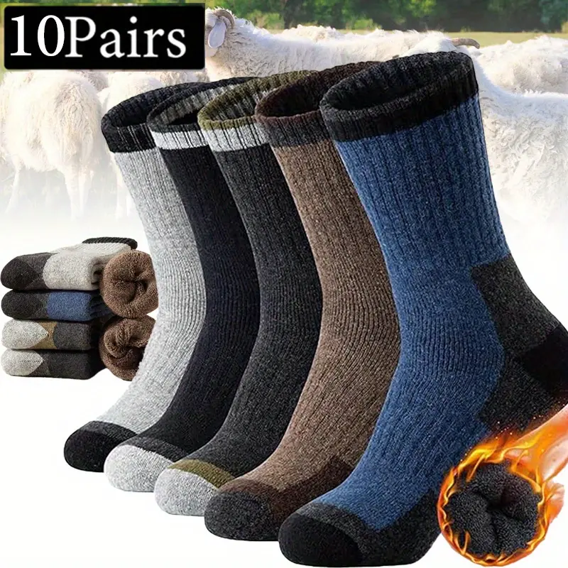 Women's 10-Pair Winter Warm Wool Thick Cushion Mid-Calf Socks - Ribbed, Elastic Form-Fitting, Dry-Wicking, Soft, Pocket, Boot-Friendly, Multicolored, Hiking Ready - for Hiking, Work, Boot-Friendly Mid-Calf Socks, Dry-Wicking Mid-Calf Socks