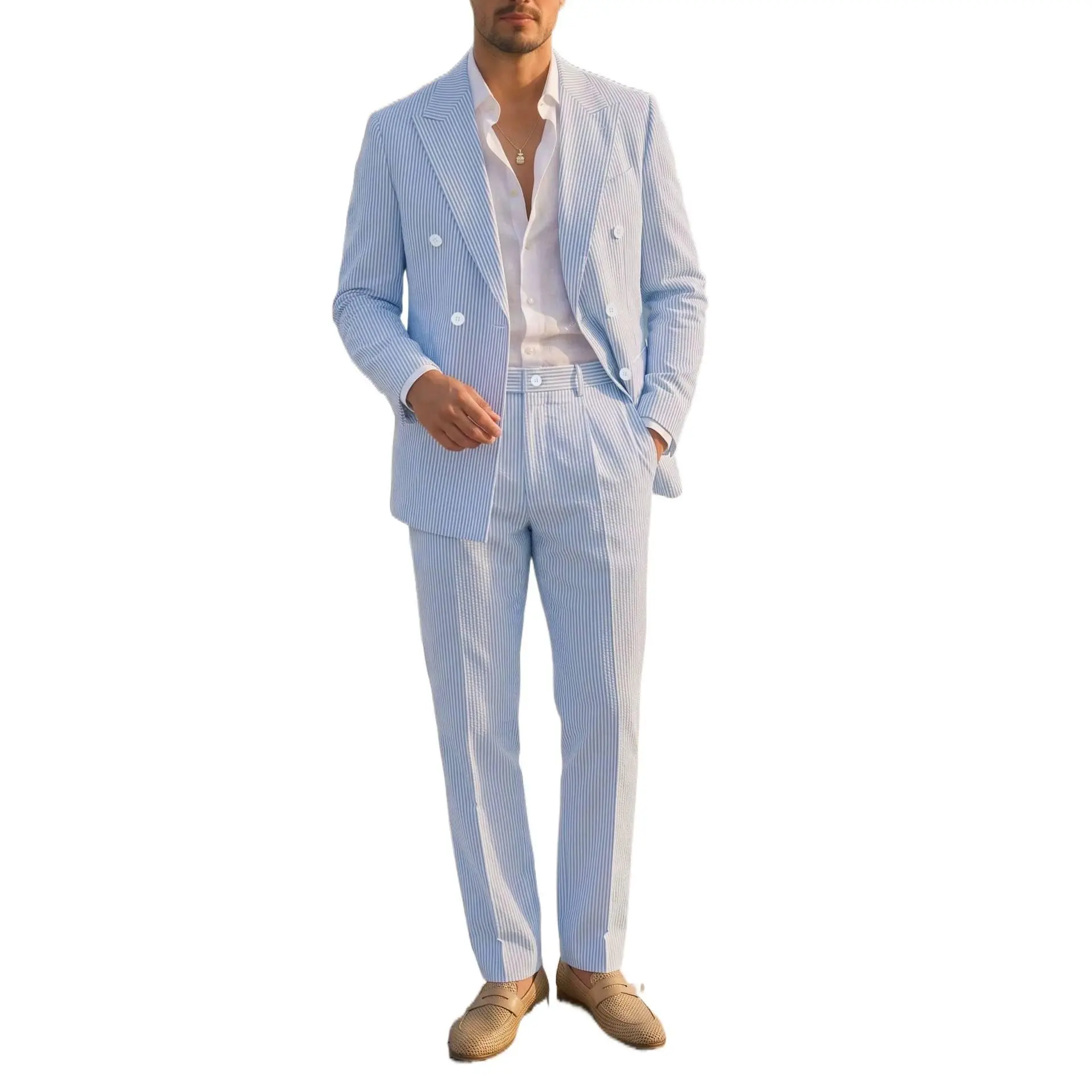 Men’s Blue Striped Slim-Fit Double-Breasted Suit Set - Peak Lapel Blazer & Pants, European-Style Formal Wear for Business, Wedding (S-2XL) Elegant Classic Evening Fabric Jacket Matching Office Outfits Polyester Smooth Stylish Long Sleeve Long  Workwear