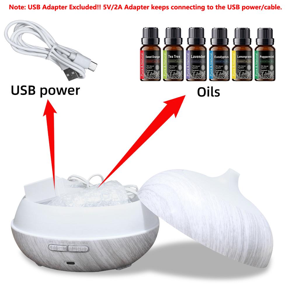 550ml Wood Grain Aromatherapy Diffuser with Remote, 6 Essential Oils & 7 Color LED Light