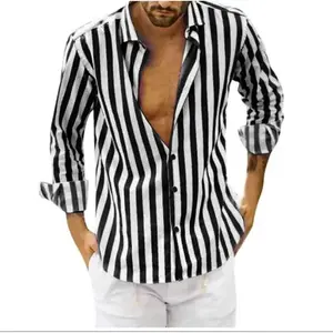 2026 European and American New Long Sleeve Turn-Down Collar Striped Shirt Loose Fit Men's Shirt Menswear Tops Casual Fitted Collared Black