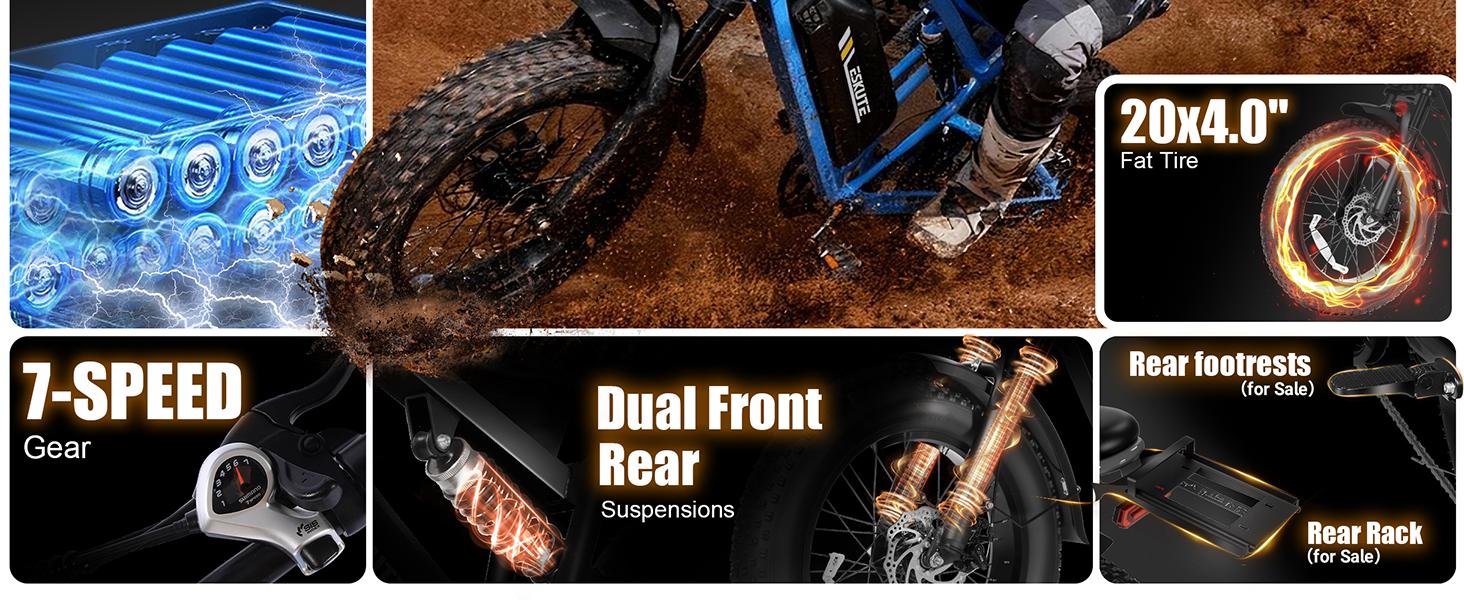 Eskute V200 Electric Bike | 20.8Ah Huge Battery | 1500W Peak Power | 30 MPH | Full Suspension | 80 Miles Range | 7-Speed Dual Suspension | 20" x4.0 Fat Tire e-bike Mid Drive with LED Lights Eskute V200 Electric Bike | 20.8Ah Huge Battery | 1500W Peak Power | 30 MPH | Full Suspension | 80 Miles Range | 7-Speed Dual Suspension | 20" x4.0 Fat Tire e-bike Mid Drive with LED Lights