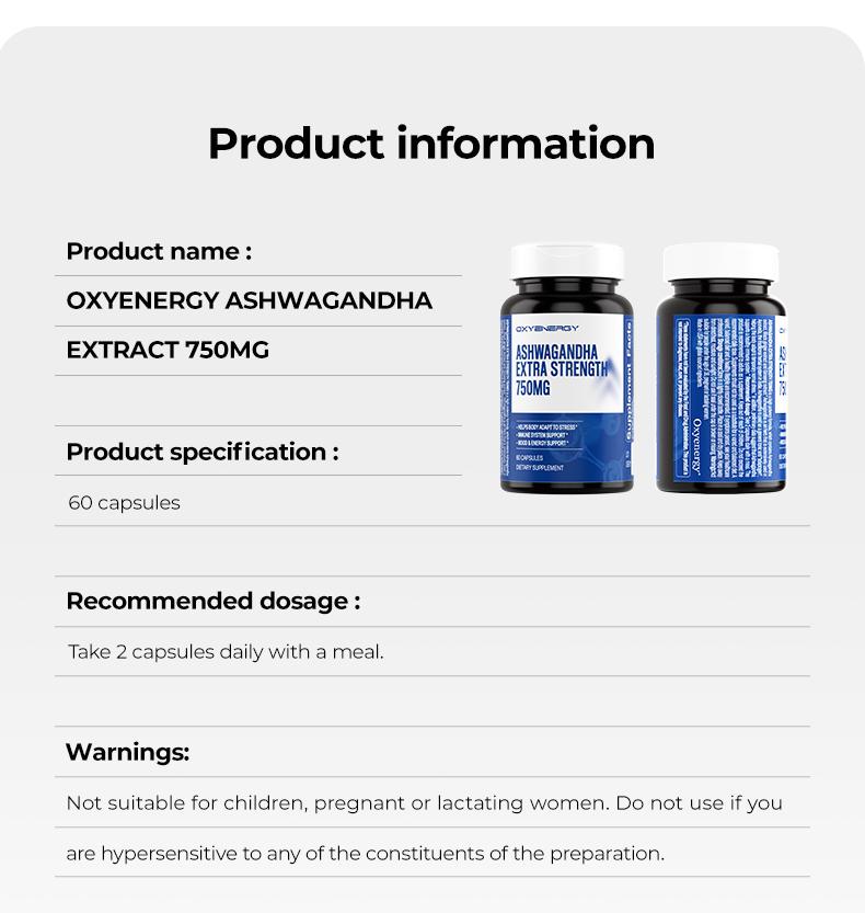Oxyenergy Ashwagandha,for Cortisol Balance,Mood,Stress and Energy Support,750mg High Potency Extra Strength,60 capsules/bottle Fitness