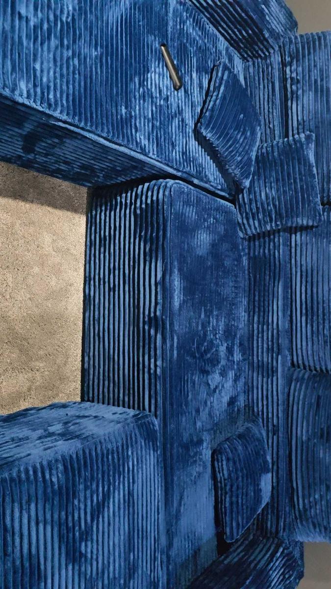 Item: Navy Plush Corduroy Left Chaise, U-Shape with Ottoman