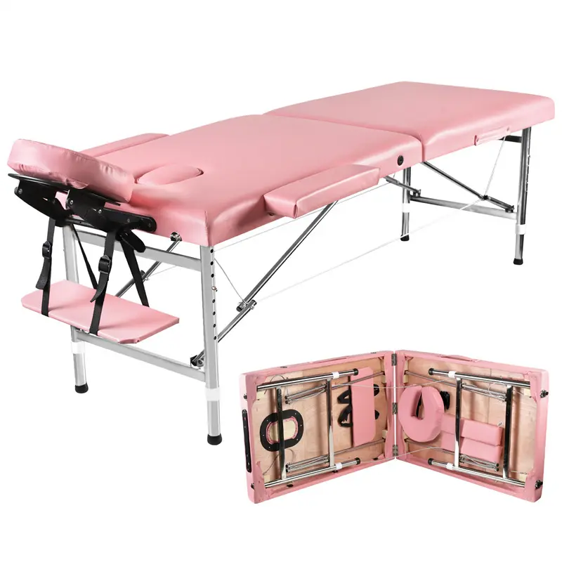 24" Compact Portable Folding Massage Table - Lightweight Aluminum Frame, Auto-Extend Legs, Up to 34.6" Set, Spa Salon Equipment for Tattooing (Pink)