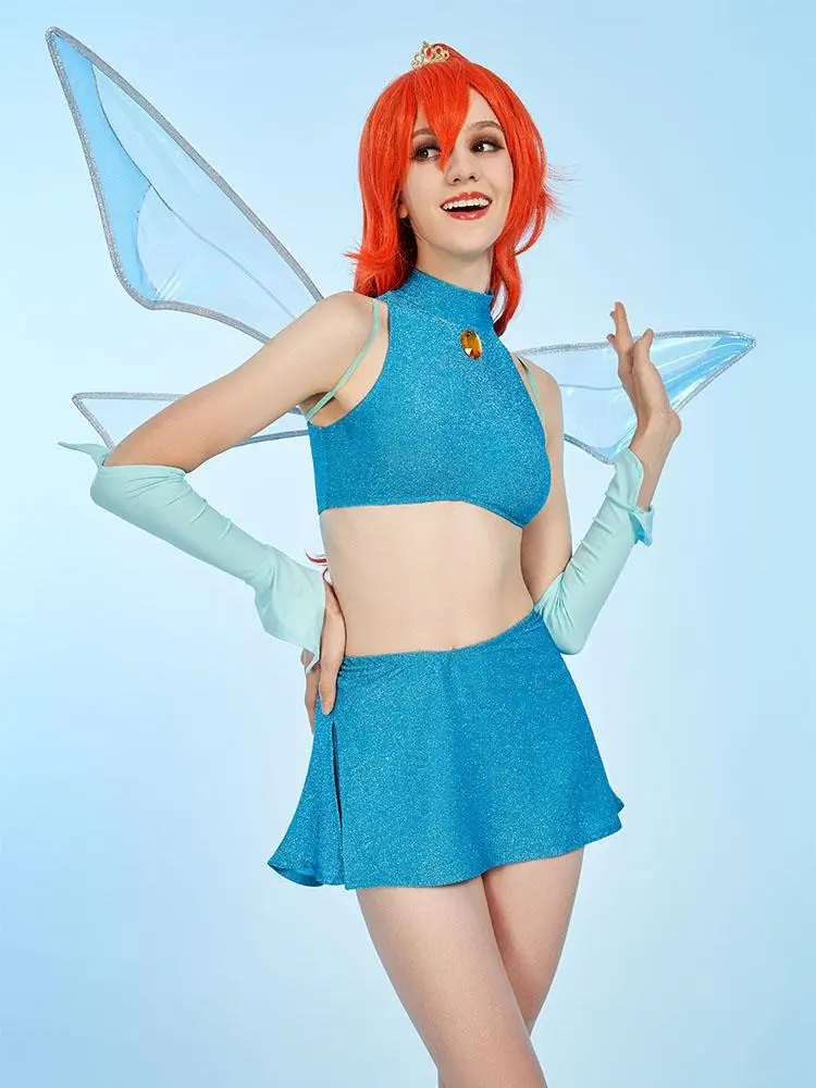 micotaku Women's Winx Club Bloom Cosplay Costume, Soft 2-Piece Fairy Clothes Set with Short Skirt & Accessories for Halloween, Comfortable, Women's Clothes, Fantasy Look, Cosplay Gear, Official License