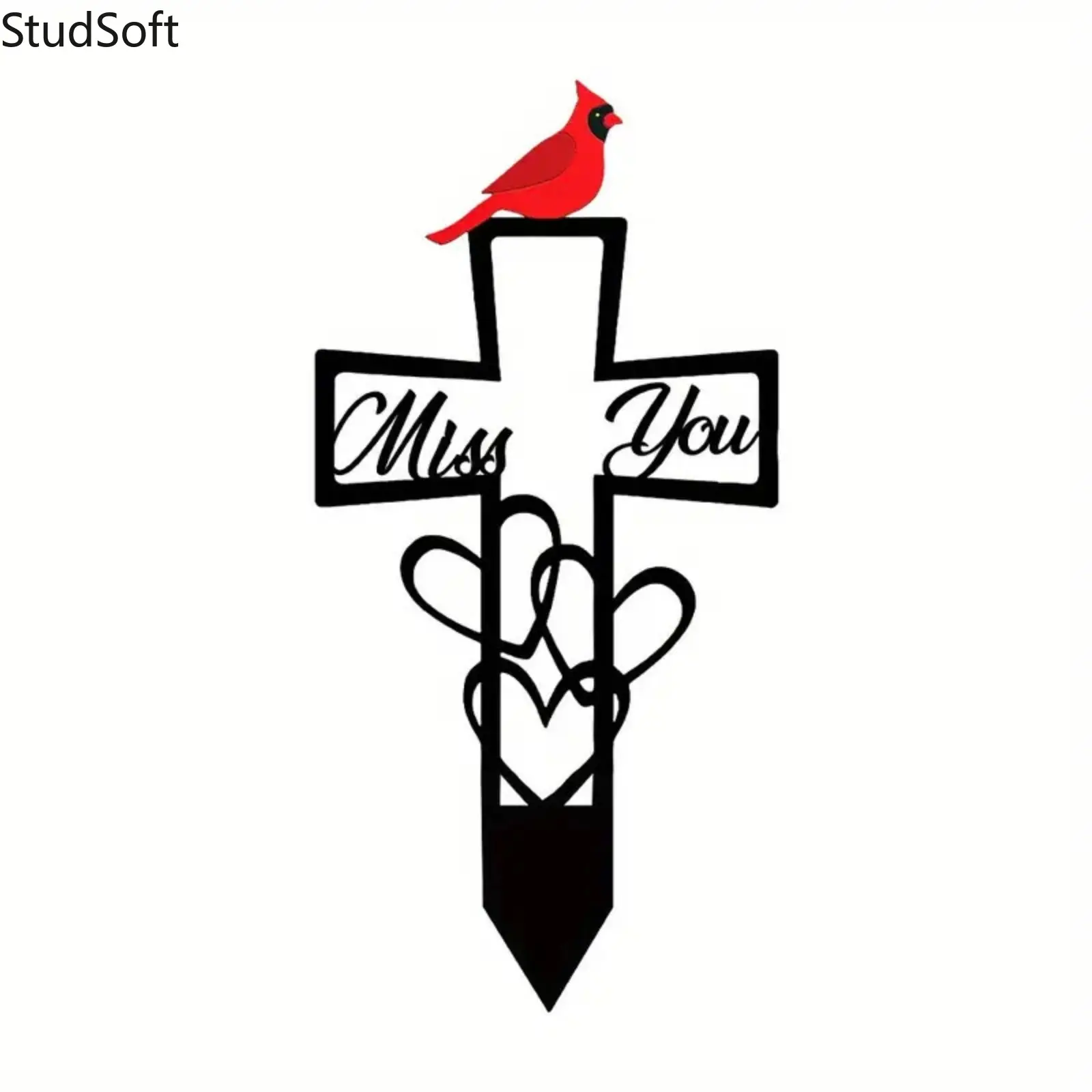 Metal Cross Memorial Stake with Red Cardinal, Miss You Sympathy Grave Marker for Cemetery, Garden, Yard