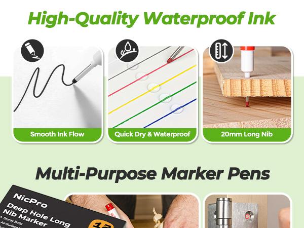 Nicpro Long Nib Marker Pens, 20mm Deep Hole Markers, Quick Dry & Waterproof Construction Marker, Long Head Mark Pens for Metal, Steel, Tile, Glass, Carpenter Marking Tool for Woodworking Nicpro Long Nib Marker Pens, 20mm Deep Hole Markers, Quick Dry & Waterproof Construction Marker, Long Head Mark Pens for Metal, Steel, Tile, Glass, Carpenter Marking Tool for Woodworking