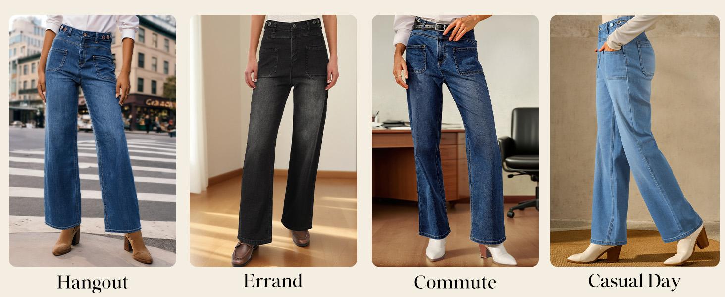 Arach&Cloz Women's Denim Adjustable Waist Buttons High Waisted Wide Leg Jeans 2026