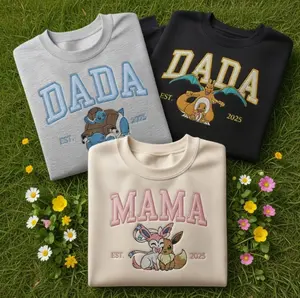 Embroidered Custom Pokedad Pokemom Hoodie, Cute Poke Characters Sweatshirt, Cozy Anime Embroidery, Gift for PKM Fans, Gift for dada and mama